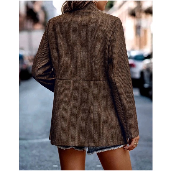 Classic Brown Herringbone Blazer Jacket Coat - Picture 4 of 5